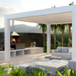3d,Illustration,Of,Motorized,Bio,Climatic,Pergola,On,Private,Outdoor